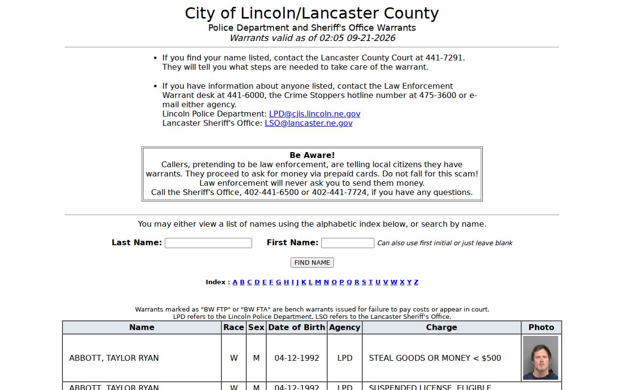 Lancaster County warrant records joint list timestamp